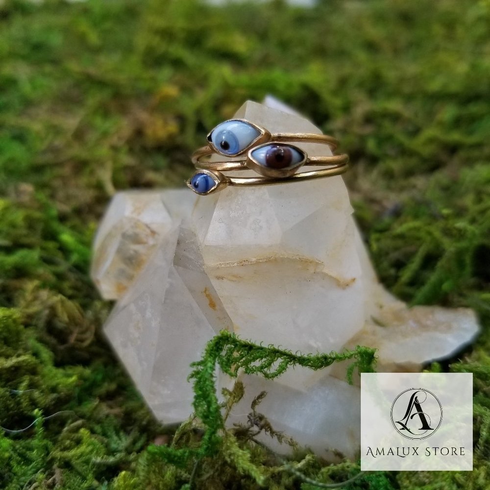 3 Tiny Evil Eye Brass Rings